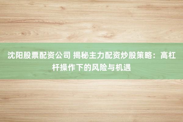 沈阳股票配资公司 揭秘主力配资炒股策略：高杠杆操作下的风险与机遇